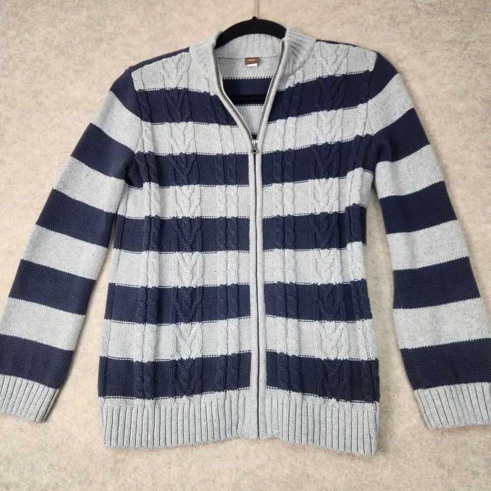 Tea Boys Full Zip Strip Navy & Gray sweater Size 12-14  Preppy Retro Casual